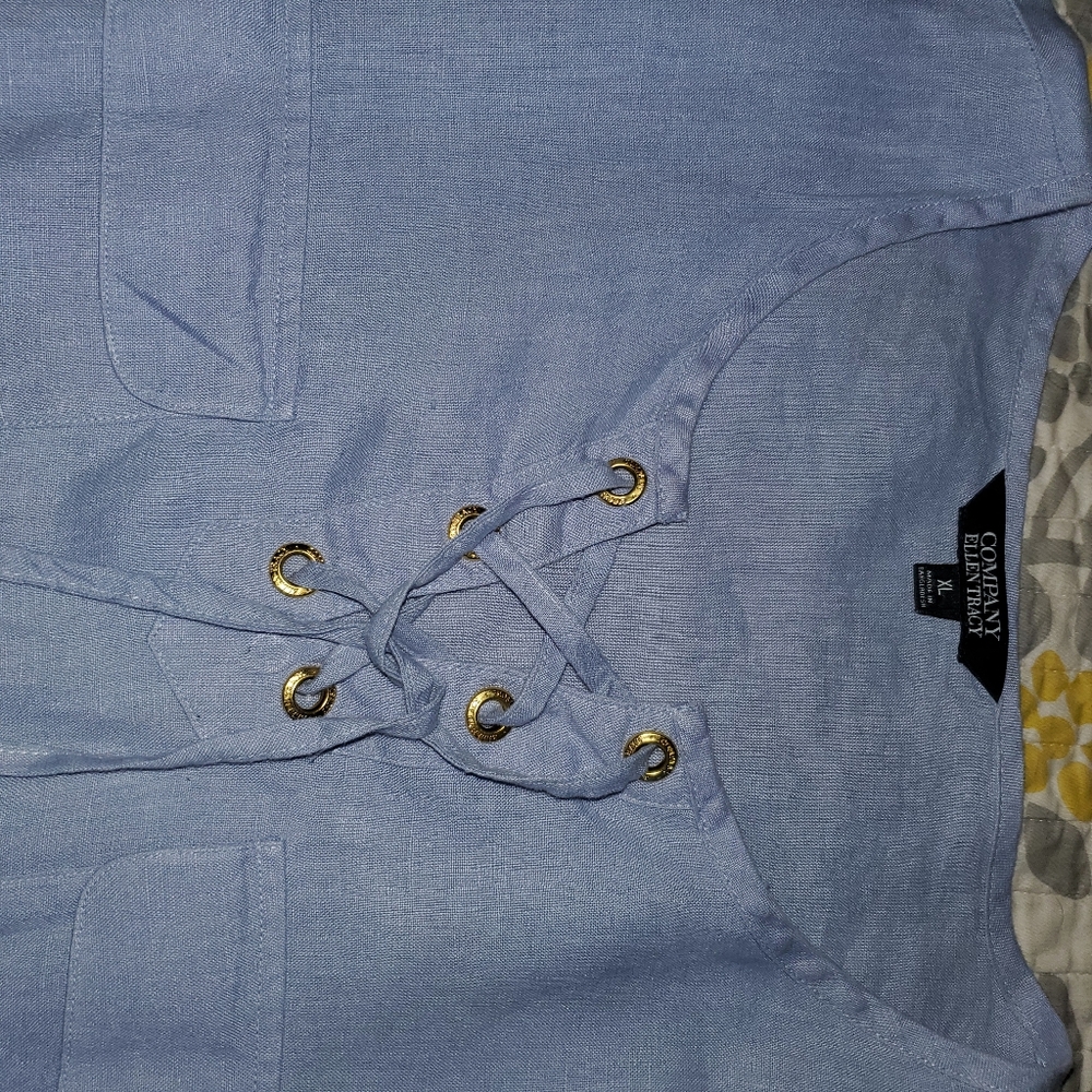 ELLEN TRACY BLUE LINEN BLOUSE SIZE XL